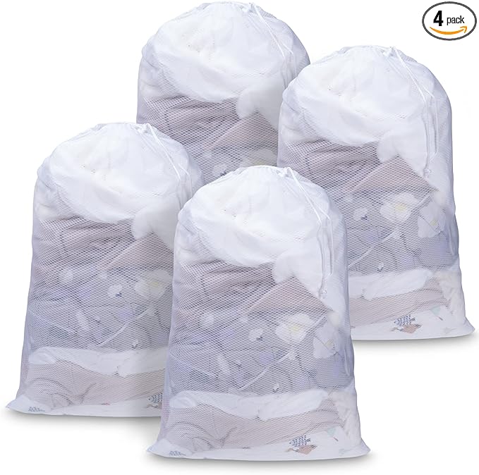 Meowoo Large Mesh Laundry Bag, 24×36inch Heavy Duty Mesh Laundry Bags Drawstring Lockable, Laundry Hamper Liner, Machine Washable, for Travel,Storage, Sports Factories, Dorms, White 4pcs