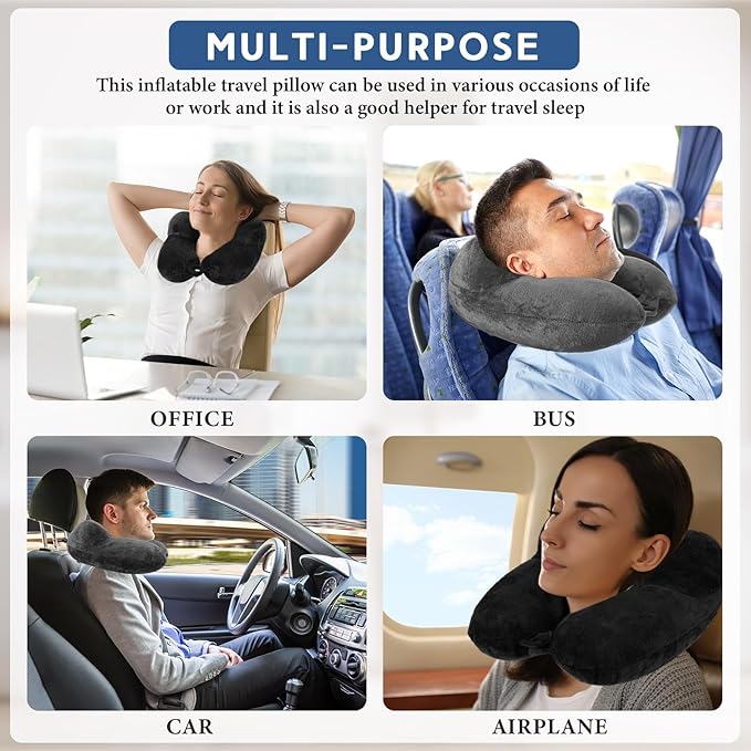Sintuff 2 Pack Inflatable Travel Pillow for Airplanes Inflatable Neck Flight Pillows with Compact Bag and Blindfold for Traveling, Airplane, Train, Car, Office(Blue and Dark Gray)