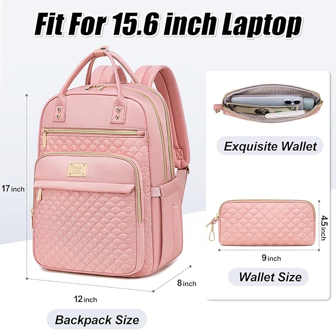 Tealari Laptop Backpack for Women,15.6 Inch Laptop Backpack for Work,Water Resistant Travel Backpack,College Bookbag with Wallet (Pink-1)