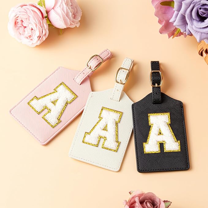 Initial Luggage Tag, PU Leather Luggage Tag, Embroidered Luggage Tag, Letter Luggage Tag, Monogrammed Luggage Tag, Luggage Tag for Baggage Bag Suitcase (A, Black Leather+White Letter)