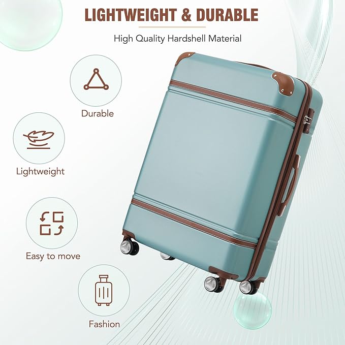 Merax Luggage Set 3 Piece Suitcase Set with 1 Cosmetic Case Expandable Spinner Wheels Vintage Luggage Sets(Blue Green,20"+24"+28")