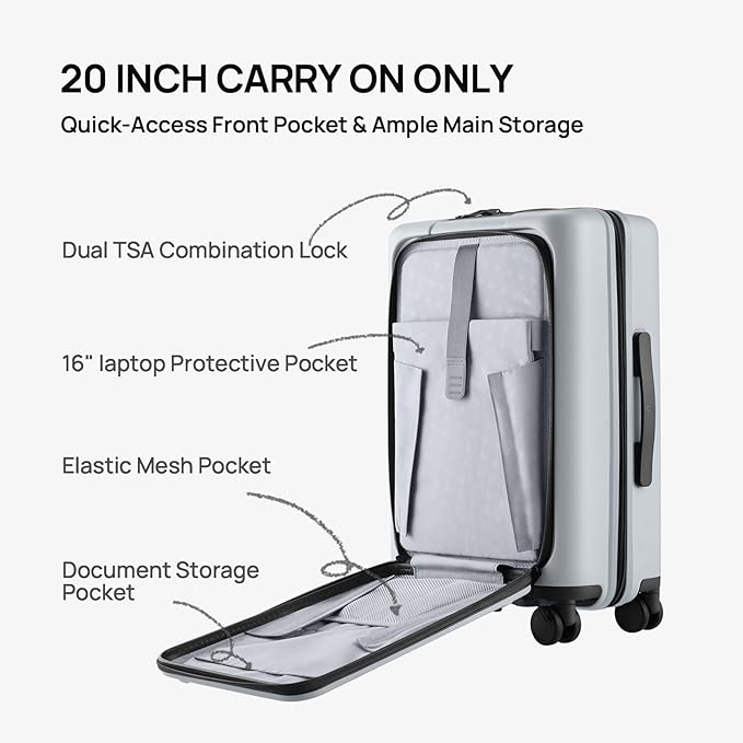 NINETYGO Carry On Luggage 22x14x9 Airline Approved, 20 Inch Suitcase with Front Compartment, Lightweight PC Hard Shell, Cup Holder, Clamshell, TSA Lock, Spinner Wheels (Charcoal Coconut Milk)