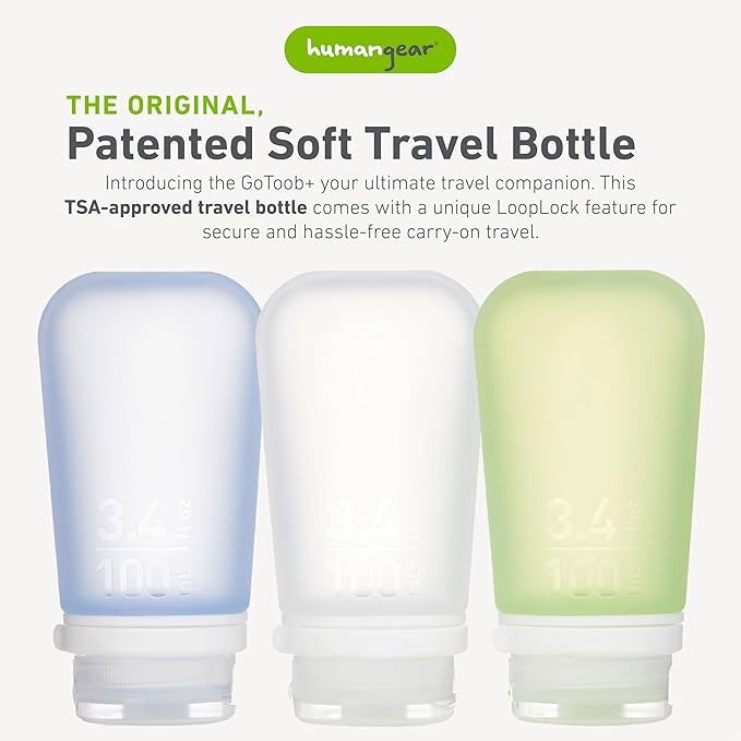 Humangear GoToob TSA Approved Small Refillable Silicone Travel Bottles, large, 3-pack, clear/green/blue