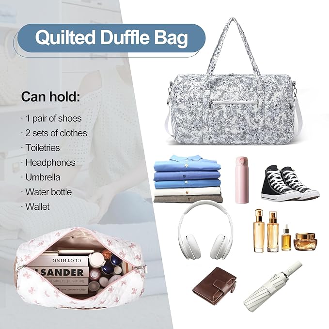 Gym Bag for Women, Cute Duffle Bag, Quilted Duffle Bag for Travel, Floral Duffle Bags, Weekend Bag with Zipper Pocket Dance Bag Organizer