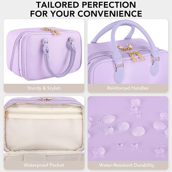 Travel Makeup Bag for Women Fashion Large Capacity Pouch Open Flat Cosmetic Portable Organizer Waterproof Large Opening Storage Toiletry Bags Vertical Free-Standing Brush Holder for Easy Access Purple
