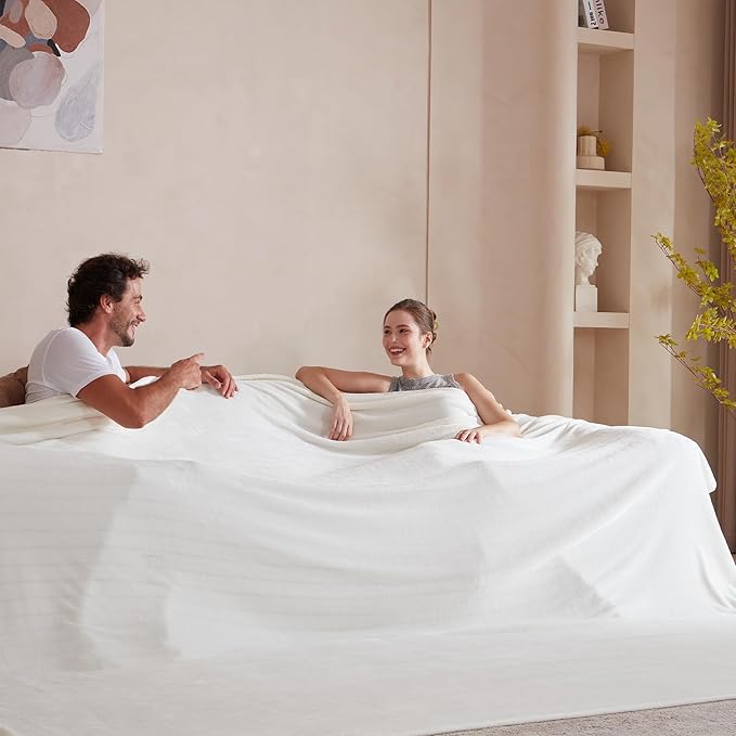 Extra Large 120x120 Inch Giant Soft Cozy Fleece Blanket, Huge Oversized Seamless King 3D Jacquard Decorative California King Blanket for Bed, Couch, Travel - Striped Ivory White