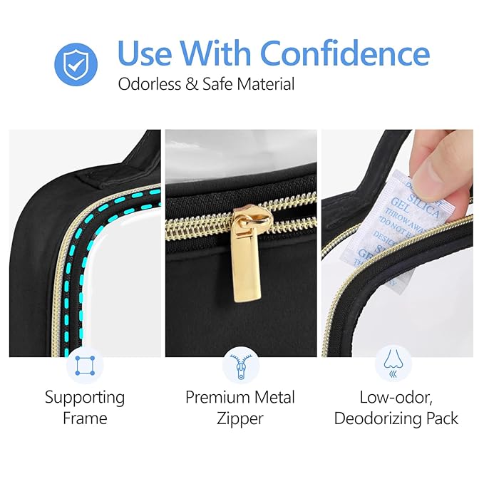 PACKISM Clear Makeup Bag Combo Pack, 1 TSA Approved Medium & Large for Checked Luggage, Clear Toiletry Bag with Handle, Water-resistant Travel Essentials Organizer, Black