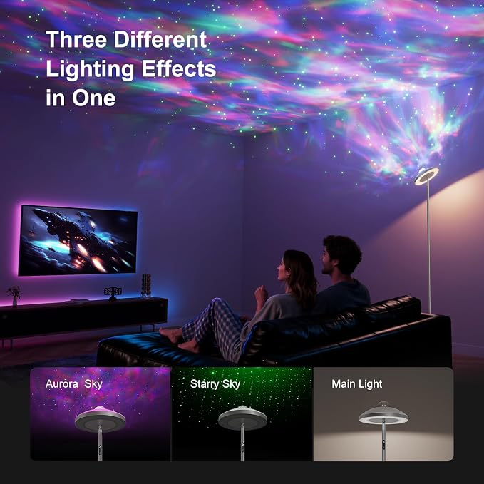 DUSKTEC 3-in-1 Floor Lamp, RGB Aurora & Galaxy Star Projector, 69", White | Magnetic remote & touch, 1400 lm, 3000K–6000K tunable white, 10%–100% dimmable, 1 hr timer for bedrooms, kids' rooms & gaming