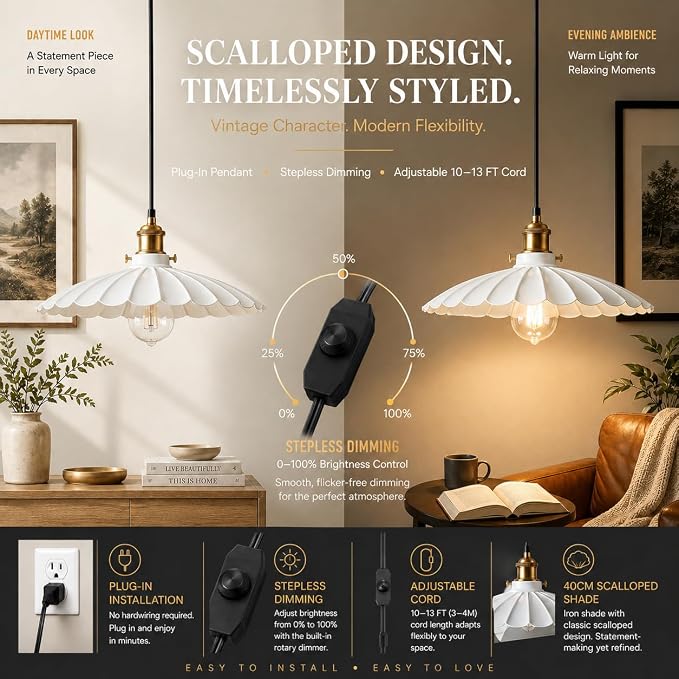 2Pack Hanging Lamp Plug in White 15.7" Shade Cozy Vintage Pendant Light for Kitchen Island and Dining Room, Farmhouse Hanging Lamp with Brass Accent, Adjustable Light Cord