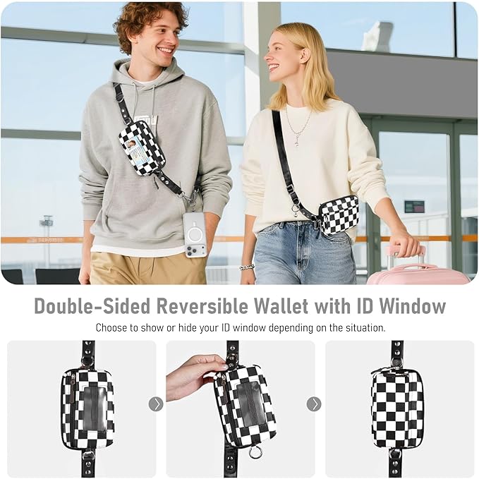 Tiostep Clip and Go Strap for Phone with Wallet Crossbody Phone Lanyard and Detachable Checkered Bag with ID Window and RFID Pouch for Daily Travel.