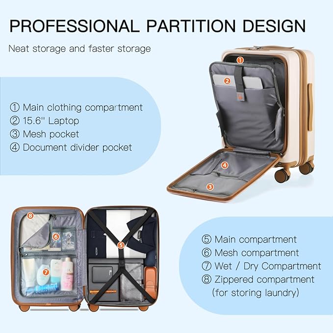 Carry On Luggage Airline Approved, 20 Inch Expandable PC Hardside Lightweight Suitcases with Spinner Wheels and TSA Lock (Beige, 20 Inch)