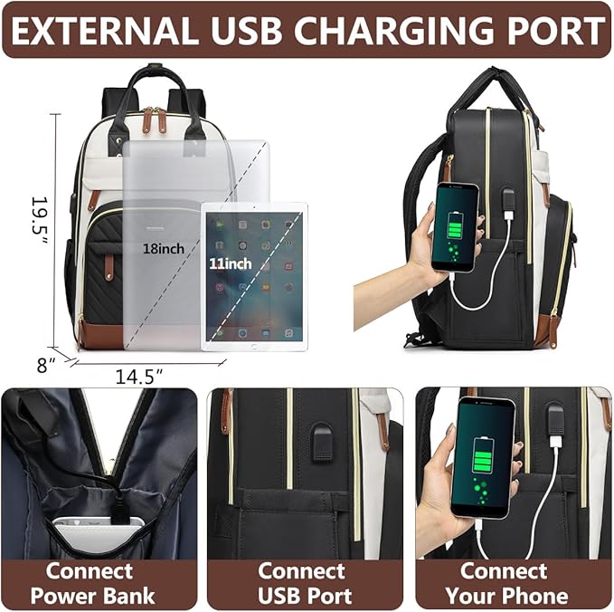 Laptop Backpack for Women Work Bookbag: 18 Inch College Backpacks with USB Charger School Book Bag Waterproof Travel Back Pack Anti-Theft Casual Bookbags for Girls Teacher Nurse Beige Black Brown