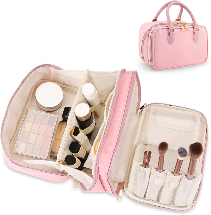 Travel Makeup Bag for Women Fashion Large Capacity Pouch Open Flat Cosmetic Portable Organizer Waterproof Large Opening Storage Toiletry Bags Vertical Free-Standing Brush Holder for Easy Access Pink