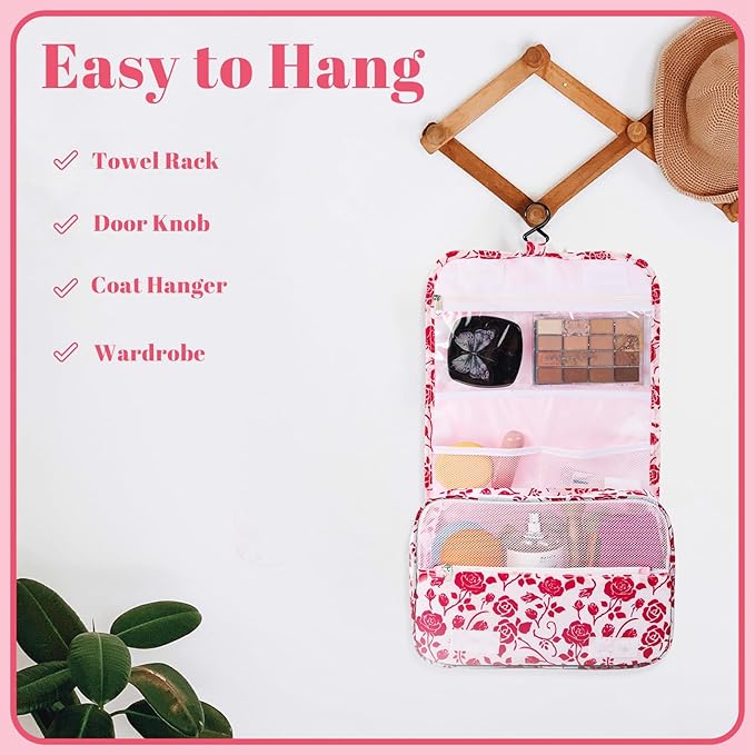 Pengxiaomei Hanging Toiletry Bag, Red Roses Waterproof Cosmetic Bag Portable Makeup Pouch Travel Wash Bag with Handle for Kids Teen Girls Spring Party Mothers Day Gifts