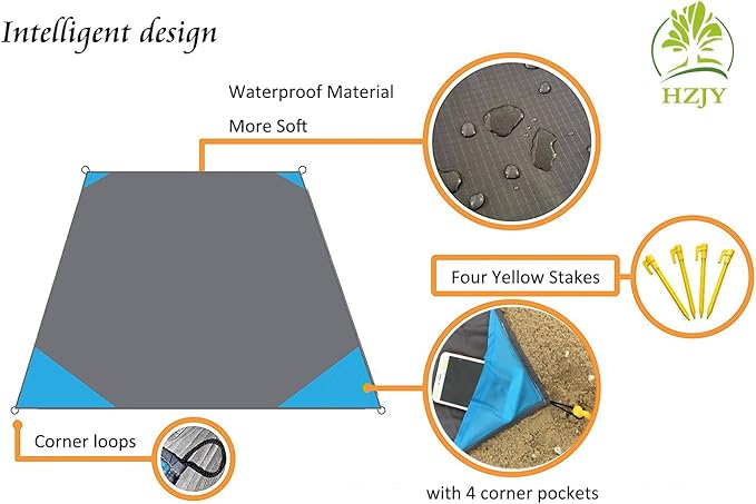 Pocket Blanket 71"x55", Lightweight Compact Sandproof Waterproof Outdoor Blanket for Beach, Hiking, Camping, Travel, Festivals, Picnic with Pockets, Loops, Stakes, Carabiner