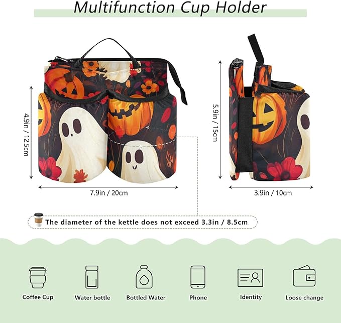 Halloween Ghost Pumpkin and Poppy Luggage Cup Holder Travel Portable Free Hand Drink Carrier Suitcase Drinks Beverage Holder Carry-On Bottle Mug Holder Organizer Bag Travelers Accessories