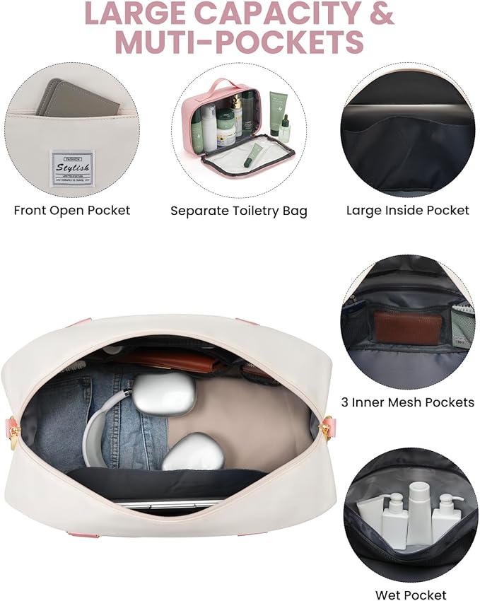 Weekender Travel Duffle Bag for Women: Overnight Bags with Shoe Compartment Carry on Bags for Airplanes with Toiletry Bag Yoga Gym Bag with Wet Pocket Travel Duffel Tote Bag Hospital Bag Pink Beige