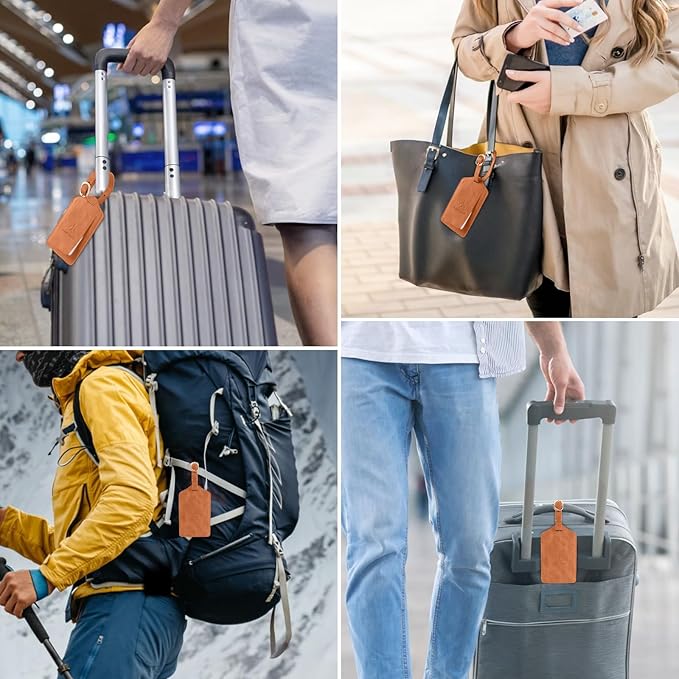 1 Pack Luggage Tag, PU Leather Suitcase Tags Identifiers Privacy Cover ID Label for Travel Bag Suitcase with 2 Pack Luggage Straps for Hats, Bags and Travel Accessories(L-Brown)
