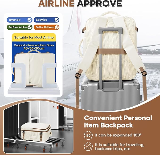 Travel Backpack For Women Men Carry on Backpack Luggage Flight Approved Personal item Travel Bag Essentials Mochila de viaje Laptop College Backpack Large Beige Brown