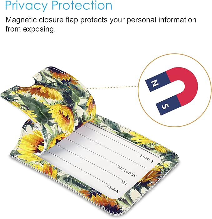 Fintie Luggage Tags, Privacy Cover ID Label with Stainless Steel Loop and Address Card for Travel Bag Suitcase - Sunflower (2 Piece)