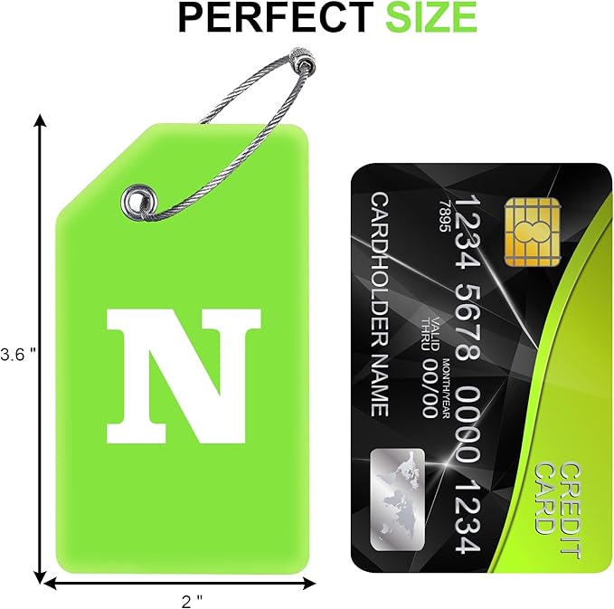 Gostwo 8 Pack Luggage Tags for Suitcases, 26 Initial Letter Travel Luggage Baggage Identification Labels ID Tags Fully Bendable Tags with Stainless Steel Loop (Letter N, Green)