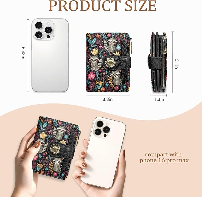 Icycay Raccoon Small Wallet Women RFID Blocking Bifold, Cute Credit Card Holder, Zipper Coin Pocket, PU Leather, Compact, Travel, 4 ID Window, 14 Card Slots, Cash Purse, Ladies Woman Female Girls