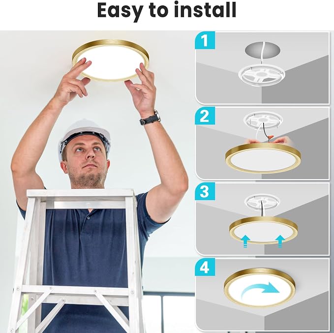 Libtit 7 Inch Golden Flush Mount Light, 15W Aureate Ceiling Light Fixture, 3000K/4000K/6500K Color Selectable, Gilded Round Lighting for Bedroom, Kitchen, Pantry, 4Pack