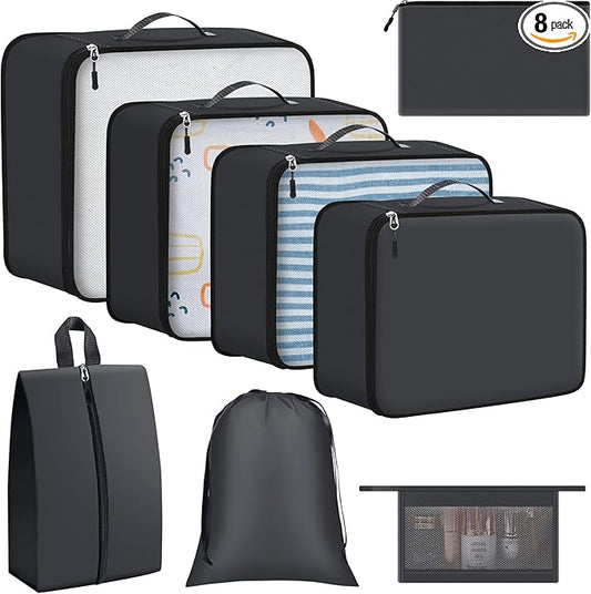 8 Set Packing Cubes for Travel Essentials, Organizers for Suitcase and Luggage in 4 Sizes, Luggage Organizer with Toiletries/Laundry/Shoes/Sock Bags (Grey)