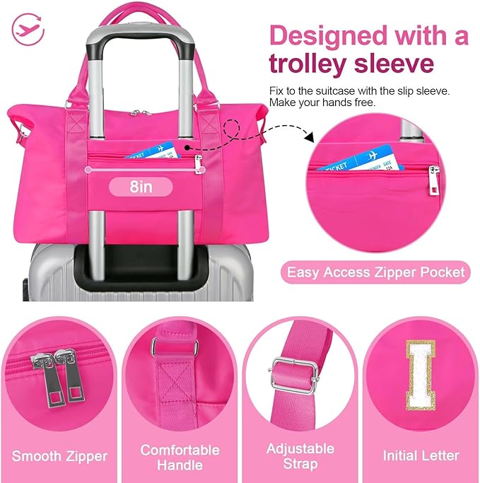 Dance Gym Duffel Bag for Teen Girls, Personalized Initial Travel Weekender Bag,Cute Overnight Carry On Duffle for Women,Sports Travel Cheer Bag,Monogram Christmas Gifts for Tween Preppy(rosered-I)