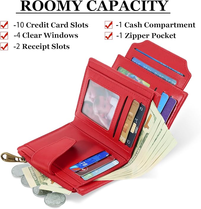 Airkit Small Wallet Women RFID Blocking PU Leather Bifold Compact Card Holder Wallet for Women with Zipper Coin Pocket 4 ID Window