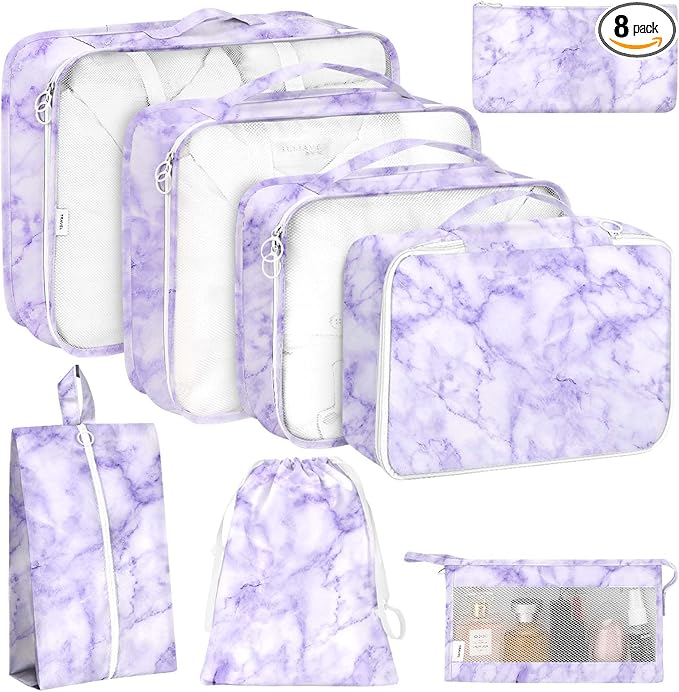 8 Set Packing Cubes for Travel, Luggage Packing Organizers Accessories Large Toiletries Bag for Clothes Shoes Cosmetics (8Set-Purple Marble)
