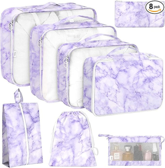 8 Set Packing Cubes for Travel, Luggage Packing Organizers Accessories Large Toiletries Bag for Clothes Shoes Cosmetics (8Set-Purple Marble)