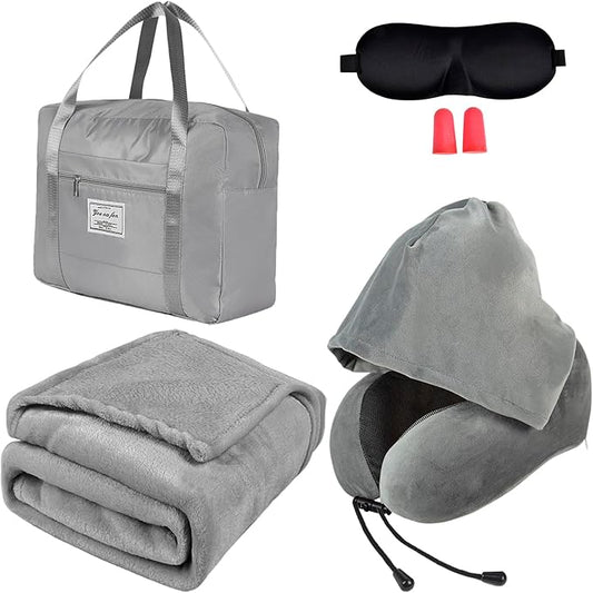 Travel Blanket Pillow Set - Travel Neck Pillow & Blanket for Airplane, Thick Fleece Plane Blanket, Hooded Memory Foam Neck Pillows, Foldable Duffel Bag, Sleep Mask, Earplugs for Plane Traveling, Gray