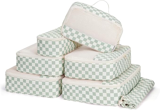 Narwey 7 Set Checkered Packing Cubes for Travel Kids Women, Durable Packing Organizer Bags for Carry on Suitcase Luggage Travel Essentials Accessories (Mint Green Checkerboard)