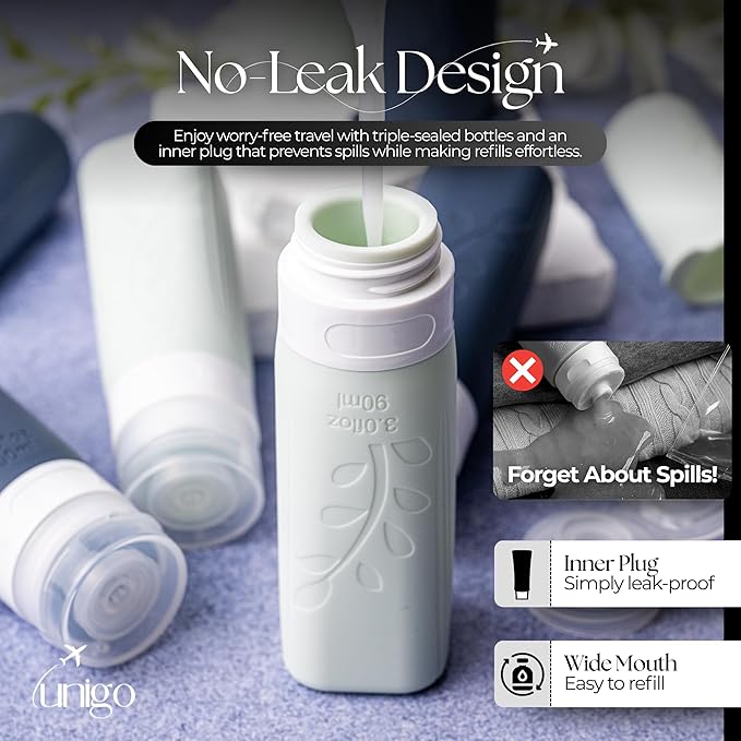 unigo Travel Bottles Set for Toiletries - Leakproof Refillable Travel Size Containers, TSA Approved Bottles with Labels, Brush & Covers for Carry-On Travel (White,Black)