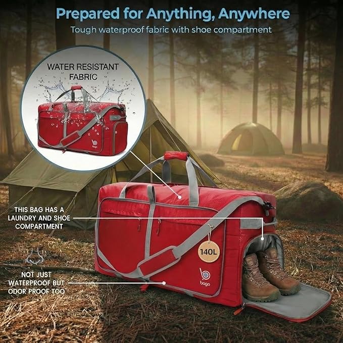 Bago Extra Large Duffle Bag for Travel Women & Men. Durable, Lightweight, Foldable Travel Duffel Bags For Traveling Women. 140L Duffle Bags Use As a Weekender Bag with Shoe Compartment, Checked Duffel