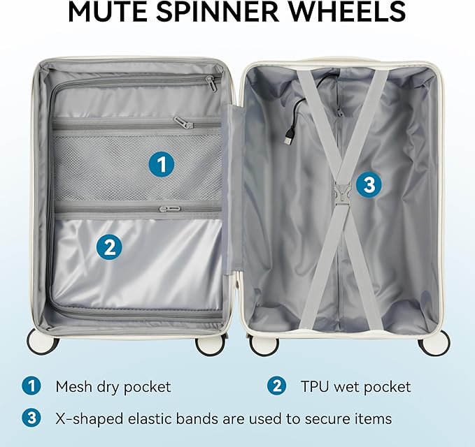 Carry On Luggage with Spinner Wheels,PC Hard Shell Suitcase with USB Port,Lightweight Travel Luggage Airline Approved for Men Women,Black,3-Piece Set (14/20/24)