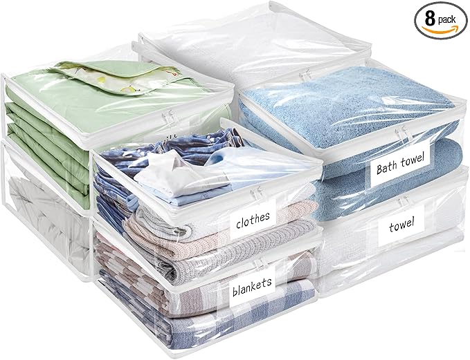 Kikerike Plastic Storage Bags with Easy-Glide Zipper, Pack of 8, Durable Clear Vinyl Zippered Storage Bags for Clothes Sweaters Comforters Blankets Sheets Bedding (15 x 12 x 5 Inch)