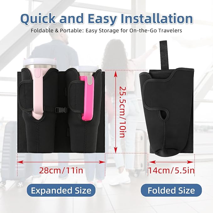 Luggage Cup Holder for Suitcases, Compatible with 30-40 Oz Stanley Tumblers, Foldable Luggage Cup Holder with Phone & Ticket Pocket, Waterproof Hands-Free Travel Accessory (Black)