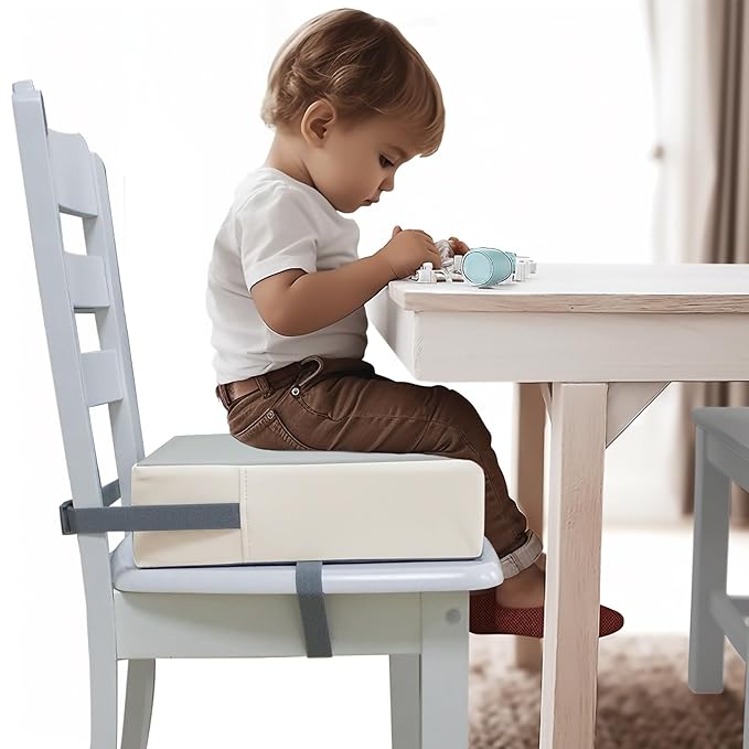 Toddler Booster Seat Dining Table Kitchen Chair, Waterproof Anti-Scratch PU Cushion, Non-Slip Bottom, Adjustable Buckle Straps, Easy Clean Portable Seat Cushion (Grey+White)