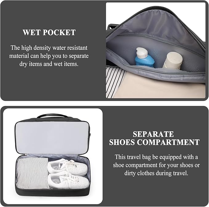 Weekender Bags for Women,Extra Larg Travel Duffle Overnight Bag with Shoe Compartment,Personal Item Carry On Bag,Black,3 Pcs Set