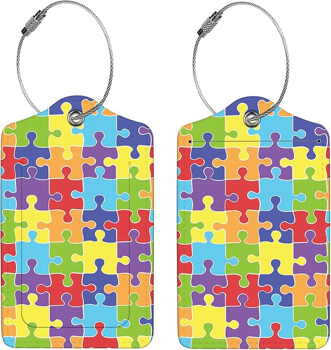 2 Pcs Luggage Tags for Suitcase, Cute Unique PU Leather Travel Bag Tag with Privacy Cover ID Label Address Card and Durable Metal Ring Suitable for Men Women Children Backpack,Jigsaw