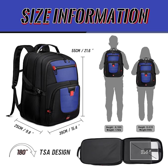 Extra Large Laptop Backpack with LifetimeWarranty,Gaming Laptop Travel Bag Fits 18.4-19" Laptops,TSA Friendly Travel Rucksack for Men Women, Big TSA Airline Approved Work Computer Bag, Blue