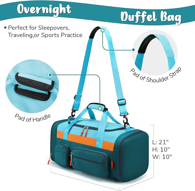 WOOMADA Kids Duffle Bag for Boys or Girls,Weekender Overnight Bag with Shoe Compartment & Wet Pocket Perfect For School, Sports, Overnight Trips(Teal Blue)