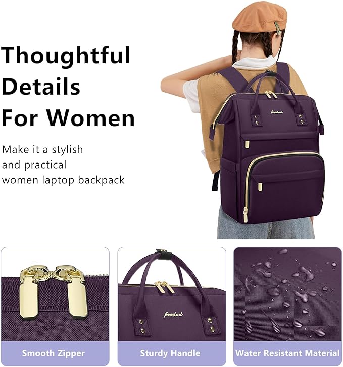 Focdod Women Laptop Backpack Work Bag - Fits 15.6 inch with Laptop Compartment Waterproof Professional Fashion Travel Purse for College Nurse Business Computer Backpack Dark Purple