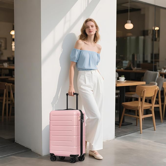 KYME Carry On Luggage 22x14x9 Airline Approved Hardshell Carry On Suitcases with Wheels Travel Rolling 20 Inch Luggage with Cup Holder for Women,Carry-on Pink