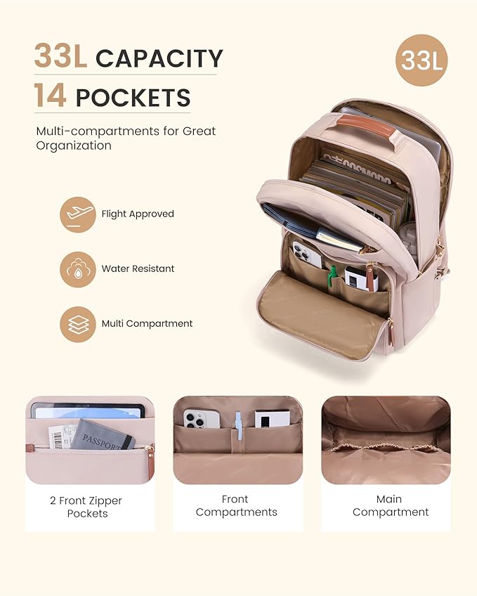 LOVEVOOK Laptop Backpack for Women with Leather Trim & Tumbler Pockets, 17.3" Work Backpack Purse, Travel Personal Item Bag, Carry On Business Computer Bag for Office, School, or Gift, Apricot Brown