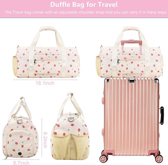 Gym Travel Duffle Bag for Girls - Gymnastics Sports Dance Bag with Shoe Compartment & Wet Pocket Strawberries Kids Travel Bag Teens Weekender Sleepover Carry On Bag