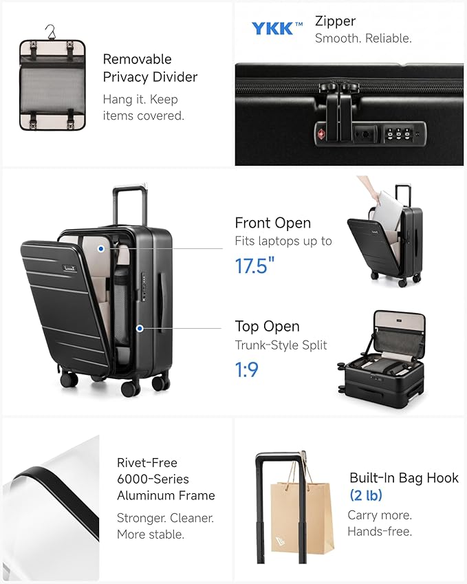 LUGGEX Carry On Luggage Top Opening & Front Opening, FLP Aluminum Frame Trunk Style Luggage with Front Pocket, Polycarbonate Hard Shell Suitcase (FX- Enhance, Blue, 21 Inch, 38L)
