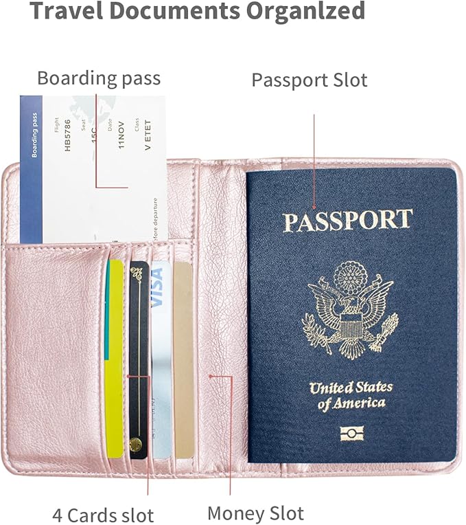 Passport Holder and Card Slot Combo RFID Blocking Leather Travel Passport Wallet for Men and Women US Passport Cover,Rose Gold